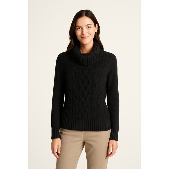 Lafayette 148 100% Cashmere Sweater Large Black Cable Knit Turtleneck Preppy - Picture 1 of 11